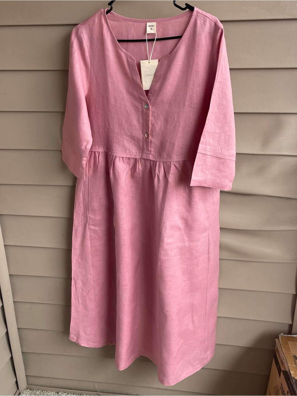 Lintico Luna Midi 100% Linen Dress Sz M Pink Pockets Loose Fit Coastal Lagoon
